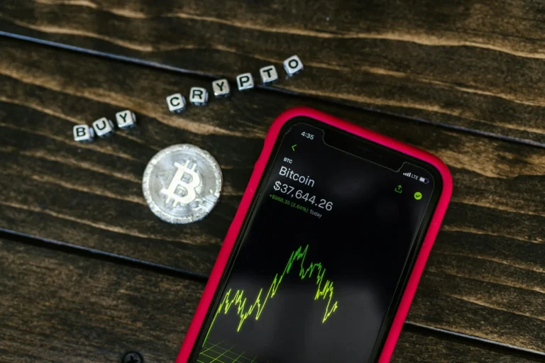A smartphone shows the Bitcoin Price at $37,644.26 with a rising green chart, alongside a Bitcoin coin and “BUY CRYPTO” beads, highlighting market drivers, risk management, and opportunities.
