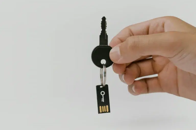 A hand holds a USB key-shaped device, symbolizing Cybersecurity Stress Prevention through secure access tools that support resilient teams and workflows in high-pressure digital environments.