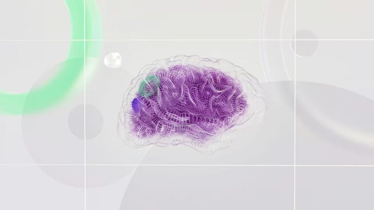 A stylized digital rendering of a human brain with purple, green, and blue highlights set against a structured pastel background, symbolizing AI Innovation Updates Transforming Global Strategies through neural network visualization, cognitive mapping, and the evolving role of artificial intelligence in reshaping decision-making, global competitiveness, and strategic planning.