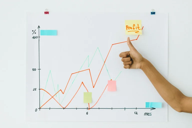 A hand gives a thumbs-up in front of a line graph showing rising percentage trends over 12 months, with sticky notes marking “Profit” and other milestones, symbolizing SBA Financing for SEO Campaigns Scaling Digital Growth through performance tracking, campaign ROI visualization, and strategic funding that accelerates online visibility and business growth.