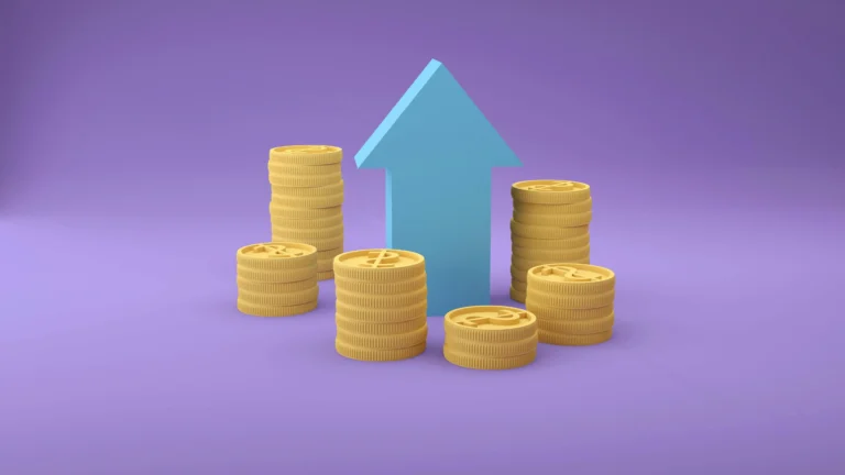 Stacks of gold-colored coins surround a large blue upward arrow against a purple backdrop, symbolizing SBA Loans for Business Growth: Capital and Expansion in 2025 through accessible funding, rising financial potential, and scalable investment strategies for small businesses.