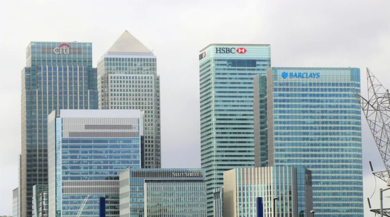 A cluster of modern high-rise office buildings featuring logos of major banks like Citi, HSBC, Barclays, and State Street, symbolizing US Bank Growth Financing Solutions for Expansion through institutional strength, global financial infrastructure, and scalable capital access that supports enterprise development and strategic market positioning.