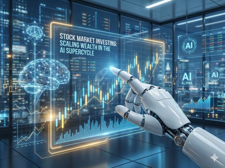 A robotic hand interacts with a futuristic digital interface displaying financial charts, currency tables, and holographic AI elements including a digital brain and stock tickers, symbolizing 2026 Stock Market Investing: Scaling Wealth in the AI Supercycle through intelligent automation, predictive analytics, and tech-driven portfolio strategies that empower investors to capitalize on AI-fueled market cycles and scalable wealth creation.