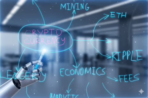 A robotic hand holding a pen labeled “Qualite” points to a digital whiteboard with “CRYPTOCURRENCY” at the center, surrounded by interconnected terms like “MINING,” “ETH,” “RIPPLE,” “FEES,” “ECONOMICS,” and “FORGERY”, symbolizing AI Bitcoin Price Prediction Strategies through machine-driven analysis, blockchain mapping, and founder-led forecasting models that empower investors to decode crypto ecosystems, apply predictive algorithms, and anticipate Bitcoin price movements in volatile digital markets.
