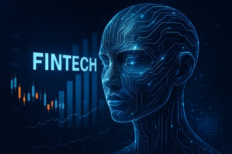 A glowing digital head with circuit patterns symbolizes artificial intelligence, set against a dark blue background with the word “FINTECH” and financial charts including bar graphs, candlestick patterns, and line analytics, representing AI Fintech Technology in Digital Finance through intelligent automation, predictive analytics, and secure data systems that empower founders and institutions to scale financial services, optimize decision-making, and drive innovation across digital ecosystems.