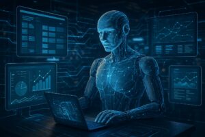 A humanoid AI entity interacts with a laptop in a futuristic digital environment surrounded by floating data screens showing bar charts, pie charts, and line graphs, symbolizing AI Innovation 2026 The Shift to Agentic Autonomy through intelligent systems, autonomous decision-making, and real-time analytics that empower founders and enterprises to scale operations, decentralize control, and unlock adaptive growth in next-generation tech ecosystems.