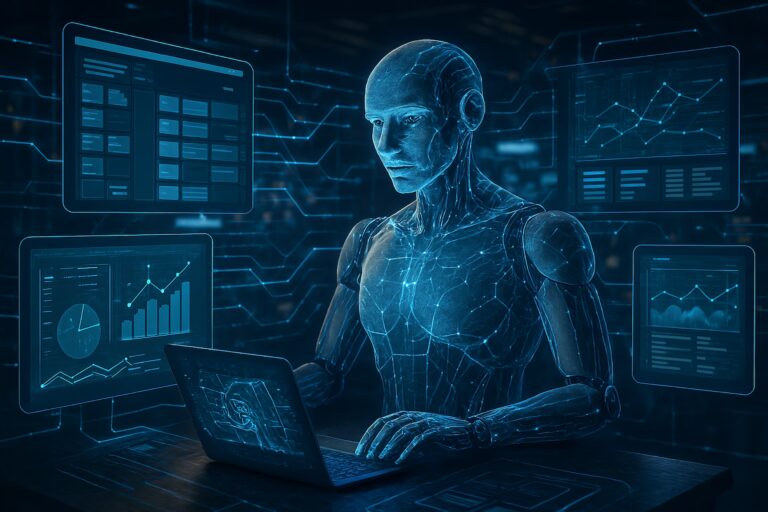 A humanoid AI entity interacts with a laptop in a futuristic digital environment surrounded by floating data screens showing bar charts, pie charts, and line graphs, symbolizing AI Innovation 2026 The Shift to Agentic Autonomy through intelligent systems, autonomous decision-making, and real-time analytics that empower founders and enterprises to scale operations, decentralize control, and unlock adaptive growth in next-generation tech ecosystems.