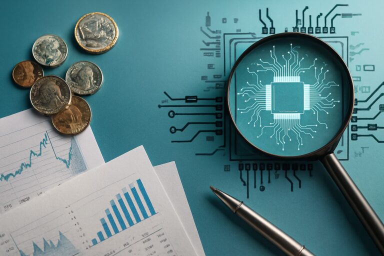 A magnifying glass hovers over a digital microchip illustration surrounded by U.S. coins, printed financial charts, and a pen, symbolizing AI Innovation Funding Trends for Emerging Tech through deep analysis of semiconductor performance, venture capital flows, and founder-led investment strategies that empower stakeholders to evaluate funding momentum, align with technological breakthroughs, and scale emerging AI infrastructure in competitive global markets.