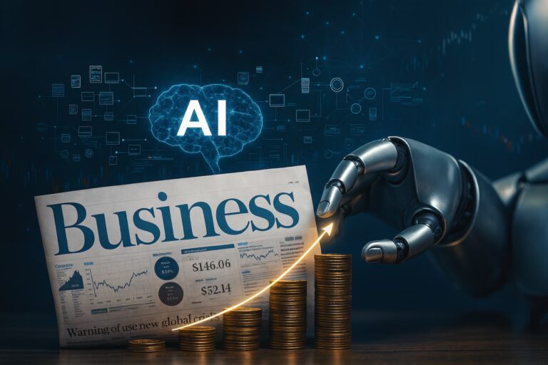 A robotic hand interacts with stacks of coins beside a newspaper titled “Business” featuring financial data and charts, while a glowing digital brain labeled “AI” hovers above, symbolizing AI Investment News: The 2026 Year of Truth through the convergence of artificial intelligence, financial media, and capital growth, highlighting how investors navigate transparency, innovation, and strategic clarity in the evolving AI economy.