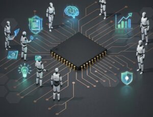 A central microchip connects to humanoid robots and floating digital icons including a brain, bar chart, shield, document, and light bulb, symbolizing AI News Business Growth: Mastering the 2026 Agentic Edge through autonomous systems, intelligent infrastructure, and founder-led innovation that empower enterprises to scale decision-making, secure data ecosystems, and unlock exponential growth at the intersection of AI, analytics, and agentic autonomy.