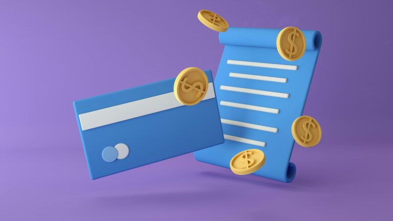 3D illustration of a blue credit card, floating gold coins with dollar signs, and a digital receipt against a purple background, symbolizing AI-Powered Loan Solutions in Digital Finance through automated lending, smart transaction analysis, and visual representations of financial technology driving seamless credit access and digital payment ecosystems.