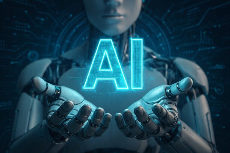 A humanoid robot with a futuristic design holds glowing neon-blue “AI” letters between its hands, set against a high-tech interface of circuit patterns and data visualizations, symbolizing AI Technology Innovation and Strategic Impact through intelligent automation, human-machine collaboration, and digital infrastructure that empower founders and enterprises to scale innovation, enhance decision-making, and lead transformation across industries.