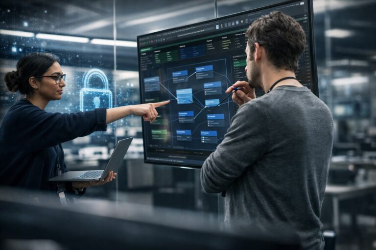 Two professionals collaborate in a high-tech office, analyzing a large digital screen displaying a complex network diagram with interconnected nodes and a lock icon overlay, symbolizing AI in Cybersecurity for the Digital Age through intelligent threat detection, secure system architecture, and machine learning-driven protocols that protect digital infrastructure and enhance enterprise resilience.