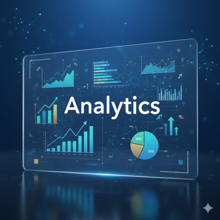 A digital interface displays the word “Analytics” surrounded by bar charts, pie graphs, line charts, and upward arrows in blue and green tones, symbolizing Actionable Insights with Economic Data Analytics through performance tracking, statistical modeling, and founder-led decision frameworks that empower businesses to decode economic signals, optimize strategic planning, and scale growth using real-time data intelligence.