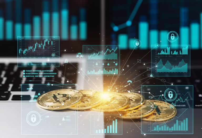 Bitcoin coins rest on a laptop keyboard surrounded by digital graphics of charts, blockchain data, and security icons, symbolizing Bitcoin Funding Opportunities in the Crypto Economy through decentralized finance, market analytics, and founder-led capital strategies that empower investors and startups to access crypto-backed funding, scale blockchain ventures, and navigate the evolving digital asset landscape with data-driven precision.