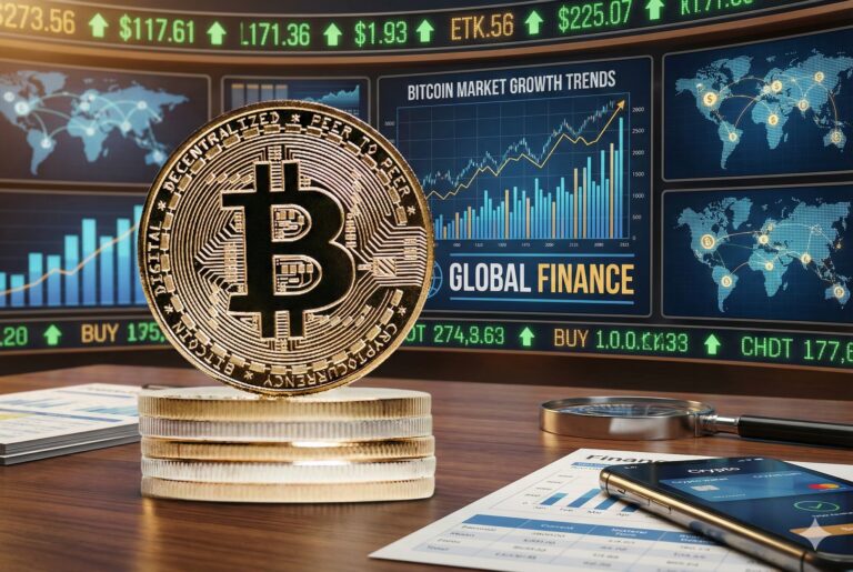 A stack of gold Bitcoin tokens sits at the center of a financial desk surrounded by digital screens displaying candlestick charts, global network maps, and market prices, symbolizing Bitcoin Market Growth Trends in Global Finance through decentralized currency adoption, rising digital asset valuations, and the integration of blockchain into global financial systems that empower founders and investors to navigate crypto-driven economic shifts.