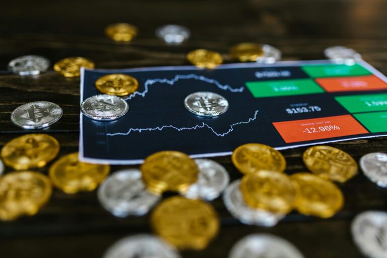 A financial chart with fluctuating price lines and colored data boxes is surrounded by gold and silver Bitcoin tokens, with visible metrics including a $153.75 price and a 24-hour change of –12.96%, symbolizing Bitcoin Price Analysis Latest Market Insights through visualized market volatility, real-time performance indicators, and crypto asset tracking that empower founders and investors to interpret price action, assess sentiment, and navigate digital currency trends with strategic clarity.