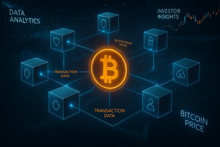 A glowing Bitcoin symbol is surrounded by interconnected cubes labeled with terms like “DATA ANALYTICS,” “INVESTOR INSIGHTS,” and “TRANSACTION PILL,” set against a backdrop of financial charts and blockchain visuals, symbolizing Bitcoin Price Blockchain Data and Investor Insights through decentralized analytics, investor sentiment tracking, and real-time transaction intelligence that empower founders and analysts to interpret crypto market trends, assess blockchain performance, and drive strategic investment decisions.
