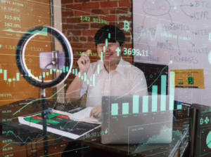 A person sits at a desk with a laptop, ring light, and smartphone setup, smiling while holding a physical Bitcoin token, surrounded by digital overlays of candlestick charts, market data, and crypto-related terms like “BTC,” “RIPPLE,” “WALLET,” and “EXCHANGES”, symbolizing Bitcoin Price Content Strategy for Growth and Engagement through livestreamed financial storytelling, data-driven crypto insights, and founder-led content frameworks that empower creators to build trust, drive audience interaction, and scale influence in the digital asset economy.