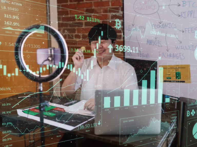 A person sits at a desk with a laptop, ring light, and smartphone setup, smiling while holding a physical Bitcoin token, surrounded by digital overlays of candlestick charts, market data, and crypto-related terms like “BTC,” “RIPPLE,” “WALLET,” and “EXCHANGES”, symbolizing Bitcoin Price Content Strategy for Growth and Engagement through livestreamed financial storytelling, data-driven crypto insights, and founder-led content frameworks that empower creators to build trust, drive audience interaction, and scale influence in the digital asset economy.