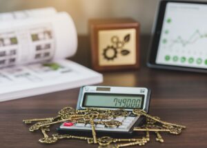 A workspace features an open book with financial charts, a calculator displaying “749,000” topped with vintage keys, a wooden block with a gear and leaf design, and a tablet showing an upward-trending line graph with green data points,symbolizing Business Mortgage Rate Insights for Sustainable Financing through strategic analysis, capital unlocking, and founder-led financial planning that empower businesses to evaluate mortgage options, align borrowing with growth goals, and build resilient funding models for long-term sustainability.
