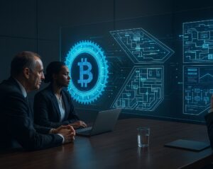 Two professionals in business attire sit at a conference table with a laptop, facing a digital wall display featuring a Bitcoin symbol encased in a gear design, surrounded by schematic diagrams and circuit-like patterns, symbolizing Crypto News Blockchain Updates The 2026 Institutional Blueprint through collaborative strategy, decentralized finance infrastructure, and enterprise-grade blockchain analytics that empower founders and institutions to shape regulatory frameworks, scale crypto adoption, and architect resilient digital finance ecosystems.