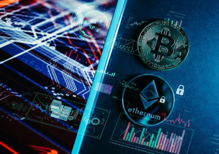 Bitcoin and Ethereum coins rest against a backdrop of digital graphics featuring circuit board patterns, data charts, padlock icons, and holographic interface elements, symbolizing Cryptocurrency Technology Trends for Digital Finance through blockchain innovation, secure data environments, and founder-led fintech strategies that empower investors and institutions to navigate decentralized ecosystems, adopt emerging protocols, and scale digital asset infrastructure in a rapidly evolving financial landscape.