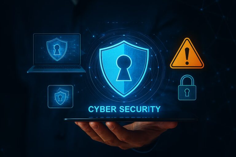 A glowing shield icon with a keyhole is surrounded by cybersecurity symbols including a laptop, padlock, warning triangle, and digital overlays, symbolizing Cybersecurity Technology Trends for Digital Protection through advanced threat detection, device-level encryption, and integrated network security that safeguard personal and enterprise systems in an increasingly connected digital environment.