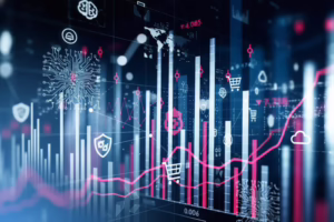 A high-tech digital interface displays bar graphs, line charts, and icons for e-commerce, cloud computing, cybersecurity, and circuit board patterns against a dark grid background with numerical data, symbolizing Digital Economy Trends Driving Innovation and Growth through data-driven transformation, fintech acceleration, and founder-led strategies that empower businesses to harness emerging technologies, optimize digital infrastructure, and scale innovation across global markets.