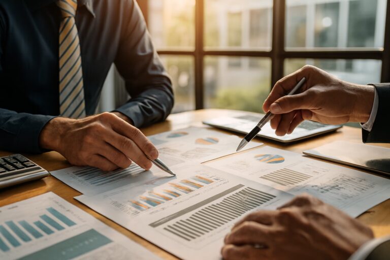 Two professionals point at printed financial charts on a desk during a business meeting, surrounded by a calculator, tablet, and bar and pie graphs, symbolizing Economic Expansion Strategies for Sustainable Growth through collaborative planning, data-driven analysis, and founder-led decision-making that empower organizations to optimize performance, align with long-term goals, and scale responsibly in evolving market conditions.
