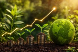 Stacks of coins topped with green plants rise in ascending order beneath a glowing upward-trending line graph, with a grass-covered globe and lush natural background, symbolizing Economic Growth Trend for Sustainable Development through eco-conscious investing, green finance strategies, and founder-led innovation that empower institutions to align profitability with environmental stewardship, scale regenerative growth models, and lead the transition toward a resilient, low-carbon economy.
