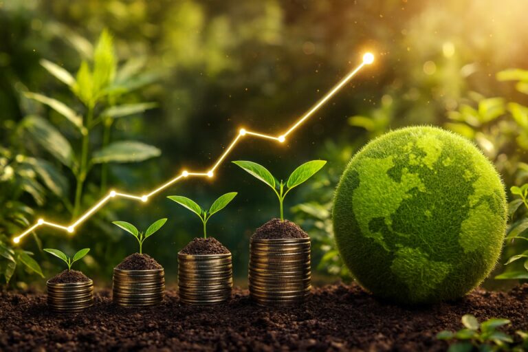 Stacks of coins topped with green plants rise in ascending order beneath a glowing upward-trending line graph, with a grass-covered globe and lush natural background, symbolizing Economic Growth Trend for Sustainable Development through eco-conscious investing, green finance strategies, and founder-led innovation that empower institutions to align profitability with environmental stewardship, scale regenerative growth models, and lead the transition toward a resilient, low-carbon economy.