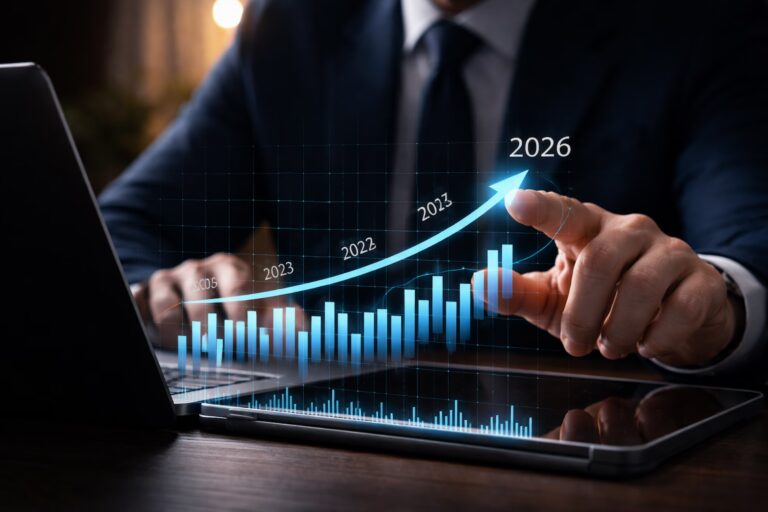 A business professional in a suit points to a digital bar graph projected above a tablet and laptop, with vertical blue bars labeled from 2020 to 2026 and a rising arrow highlighting growth, symbolizing Economic Impact 2026: The Efficiency Dividend through data-driven forecasting, productivity gains, and strategic planning that reflect how technological and operational efficiencies fuel sustained economic performance and future-ready business models.