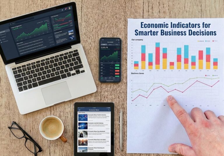 A workspace features a laptop with financial dashboards, a smartphone showing market data, a tablet displaying economic news, and a printed chart titled “Economic Indicators for Smarter Business Decisions”, symbolizing the integration of digital tools and analytical insights that empower smarter business decisions through real-time data, strategic forecasting, and performance tracking across key economic metrics.