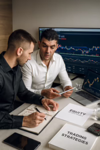 Two professionals collaborate at a desk covered with documents labeled “EQUITY STRATEGIES” and “TRADING STRATEGIES,” alongside a tablet, calculator, smartphone, and financial charts on a monitor, symbolizing Equity Trading Strategies for Sustainable Profitability through data-driven analysis, tactical planning, and founder-led investment frameworks that empower traders to optimize equity positions, manage risk, and scale long-term returns in dynamic market environments.