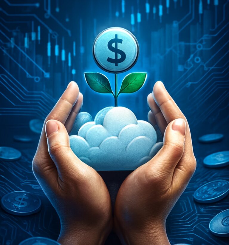 A pair of hands gently cradle a cloud-like formation sprouting a small plant topped with a dollar coin, surrounded by digital circuit patterns and floating currency icons, symbolizing Fintech Financial Wellness for Resilient Growth through nurturing innovation, cloud-based financial tools, and digital ecosystems that empower founders to cultivate sustainable wealth, inclusive access, and long-term resilience in the evolving fintech landscape.