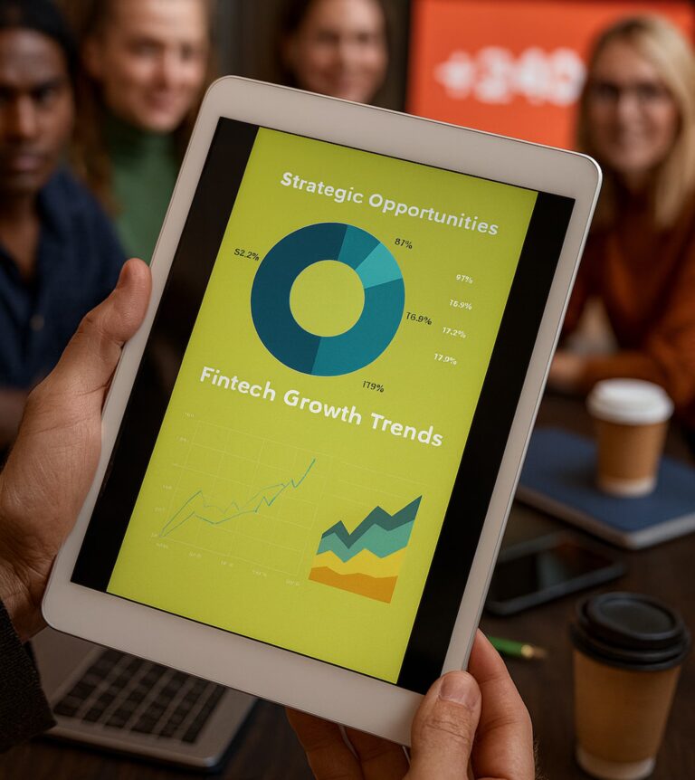 A person holds a tablet displaying a business report with a circular chart labeled “Strategic Opportunities” showing multiple percentages, alongside line and stacked area graphs titled “Fintech Growth Trends,” while four individuals collaborate in the background, symbolizing Fintech Growth Trends Market Expansion & Strategic Opportunities through data visualization, collaborative strategy, and founder-focused insights that drive innovation, financial inclusion, and scalable digital finance solutions.