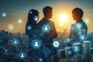 Three silhouetted individuals stand before a sunset-lit cityscape overlaid with digital network graphics, including icons of people, dollar signs, and organizational symbols connected by lines, with coin stacks in the foreground, symbolizing Fintech Offshore Services for Scalable Growth through global collaboration, decentralized finance infrastructure, and founder-led expansion strategies that empower businesses to scale operations, optimize cross-border services, and unlock growth in digitally connected markets.