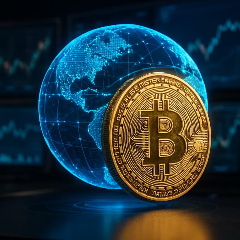 A large golden Bitcoin coin stands in front of a glowing digital globe with interconnected nodes and financial charts showing market trends, symbolizing Future of Bitcoin Technology Shapes Global Finance through decentralized currency innovation, blockchain infrastructure, and global data networks that empower founders and institutions to redefine financial systems, drive cross-border transactions, and scale digital asset adoption in the evolving global economy.