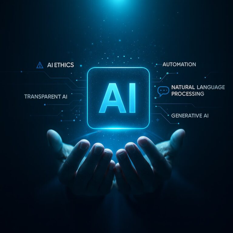 A glowing blue square labeled “AI” is held by two hands, surrounded by circuit-linked concepts like AI ETHICS, TRANSPARENT AI, AUTOMATION, NATURAL LANGUAGE PROCESSING, and GENERATIVE AI, symbolizing Harnessing 2026 Artificial Intelligence Trends through ethical innovation, transparent systems, and intelligent automation that drive responsible deployment, human-AI collaboration, and transformative digital capabilities across industries.