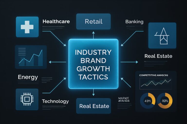 A glowing blue box labeled “INDUSTRY BRAND GROWTH TACTICS” sits at the center of a digital infographic, with arrows connecting surrounding sectors including healthcare, retail, banking, real estate, energy, and technology, symbolizing Industry Brand Growth Tactics Reshape Competitive Markets through cross-sector strategy, data-driven positioning, and innovation frameworks that empower founders and enterprises to scale brand equity, adapt to market shifts, and lead transformation across diverse industries.
