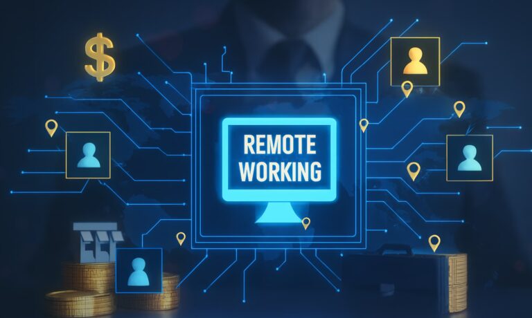A digital illustration features a central computer monitor with the words “REMOTE WORKING,” surrounded by interconnected icons representing user profiles, location pins, storefronts, dollar signs, and coin stacks, symbolizing Industry Remote Team Solutions Driving Global Agility through decentralized collaboration, digital infrastructure, and scalable remote work models that empower global business operations, workforce flexibility, and cross-border productivity.
