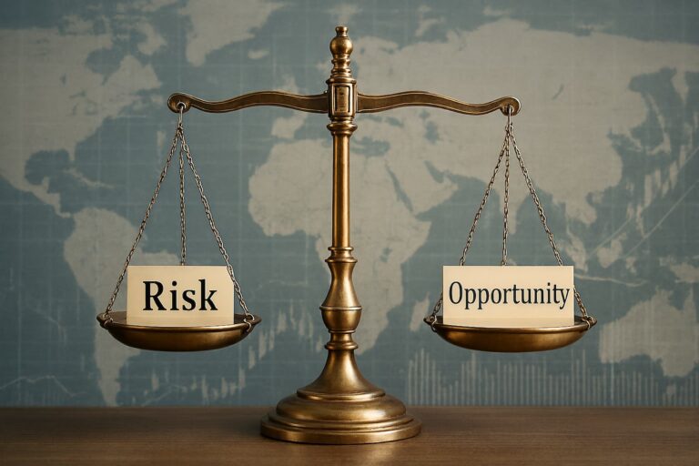A brass balance scale displays two cards labeled “Risk” and “Opportunity” suspended in perfect equilibrium, set against a global map with financial chart overlays, symbolizing Mastering the 2026 Economy Economic Risks and Opportunities through strategic foresight, macroeconomic analysis, and founder-led decision-making that empower businesses to weigh volatility against growth potential, navigate global financial shifts, and build resilient models for long-term success.