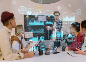Five professionals engage in a collaborative meeting around a table as one presents data on a screen, with digital overlays of bar charts, pie graphs, line charts, and analytics icons, symbolizing Optimizing Industry Performance for Competitive Growth through team-driven strategy, data visualization, and founder-led decision-making frameworks that empower organizations to enhance operational efficiency, benchmark performance, and scale competitive advantage in dynamic market environments