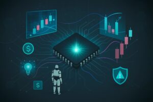 A glowing microchip anchors a digital illustration featuring a humanoid robot, candlestick charts, dollar signs, a light bulb, and a cybersecurity shield, all interconnected by circuit-like lines—symbolizing Orchestrating the 2026 Edge with Stock Trading Analytics through AI-powered market intelligence, real-time financial data, and founder-led innovation that empower traders and institutions to forecast trends, mitigate risk, and execute precision strategies in next-gen trading ecosystems.