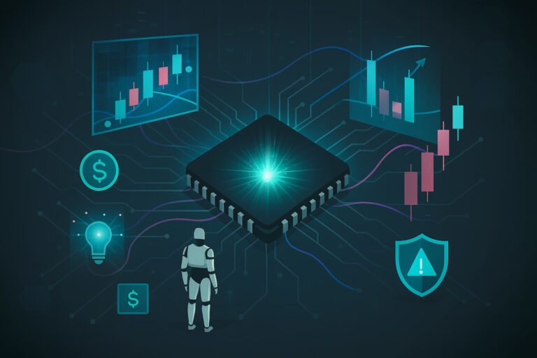 A glowing microchip anchors a digital illustration featuring a humanoid robot, candlestick charts, dollar signs, a light bulb, and a cybersecurity shield, all interconnected by circuit-like lines—symbolizing Orchestrating the 2026 Edge with Stock Trading Analytics through AI-powered market intelligence, real-time financial data, and founder-led innovation that empower traders and institutions to forecast trends, mitigate risk, and execute precision strategies in next-gen trading ecosystems.