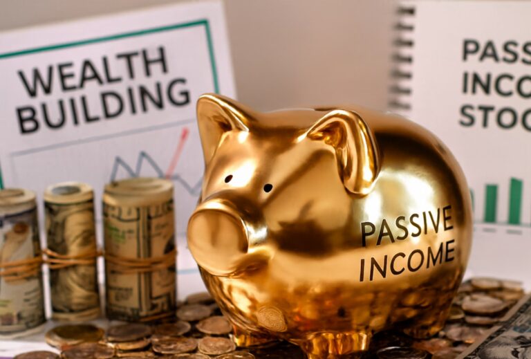 A golden piggy bank labeled “PASSIVE INCOME” sits surrounded by rolled-up U.S. dollar bills and coins, with background posters reading “WEALTH BUILDING” and “PASSIVE INCOME STOCKS” featuring line and bar charts, symbolizing Passive Income Stocks for Wealth Building through strategic investing, dividend-focused portfolios, and financial planning that empower founders and individuals to generate recurring income, grow assets, and build long-term wealth through stock market opportunities.
