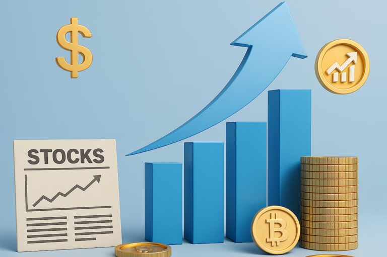A stylized financial illustration features ascending blue bar charts, a rising arrow, and gold icons including a dollar sign, Bitcoin coin, stacked coins, and a “STOCKS” document with an upward-trending line graph, symbolizing Public Scaling via 2026’s Broadened Stock Market Funding through diversified capital access, crypto integration, and equity-driven growth strategies that empower businesses to scale operations and attract public investment.