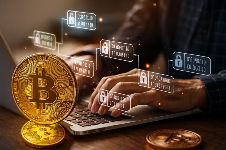 A person types on a laptop while two physical Bitcoin tokens rest nearby, surrounded by floating blockchain graphics with padlock icons and binary code, symbolizing Scaling Growth with Bitcoin Blockchain Technology through secure peer-to-peer infrastructure, decentralized transaction layers, and cryptographic data systems that empower founders to build scalable, trustless financial ecosystems in the digital economy.