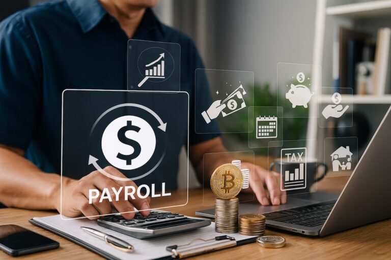 A person works at a desk with a calculator and laptop, surrounded by digital finance icons including a dollar sign encircled by arrows labeled “PAYROLL,” a rising bar chart, a piggy bank, a tax chart, and a Bitcoin symbol, symbolizing Scaling Units Unit Economics and Fintech Capital Expansion through payroll optimization, decentralized finance, and strategic capital flows that drive scalable growth, operational efficiency, and fintech-enabled economic leverage.